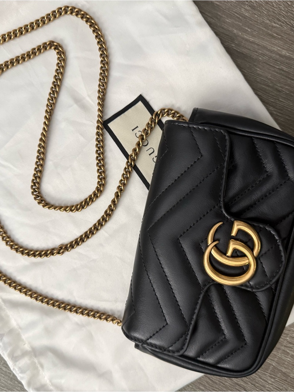 Gucci Black Chevron GG Marmont Mini Crossbody with Gold Chain -authentic